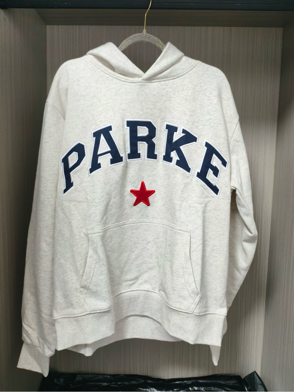 Parke Cream Crewneck Hoodie with Navy Lettering and Red Star
